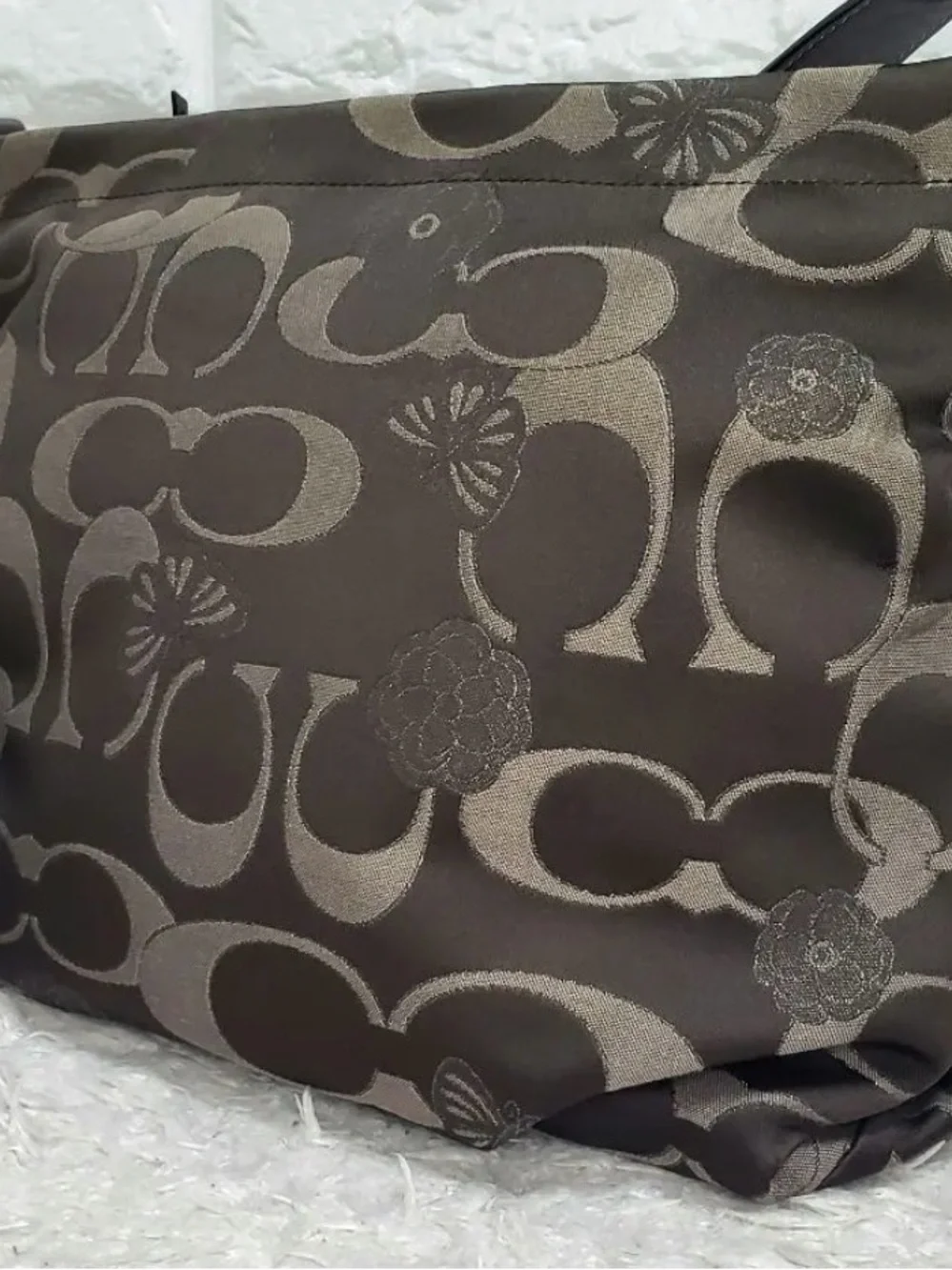 Rare Coach Signature Jacquard Shoulder Bag in Brown flowers butterfly